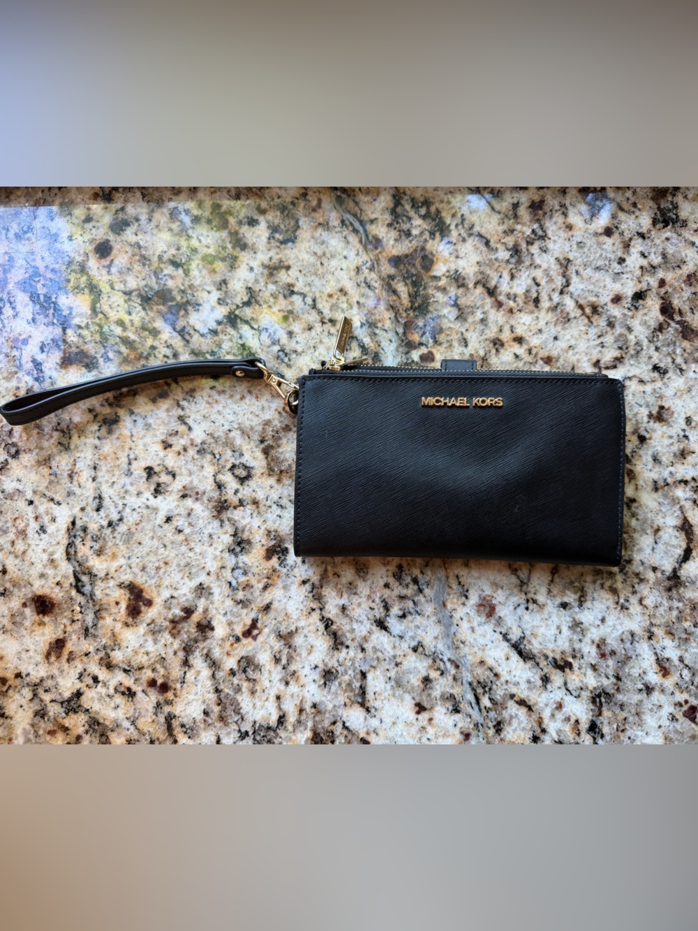 Michael Kors Black Leather Wristlet with Gold Hardware
